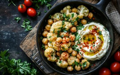 Blumenkohl-Kichererbsen-Pfanne mit Joghurt-Dip | Gesund & Lecker