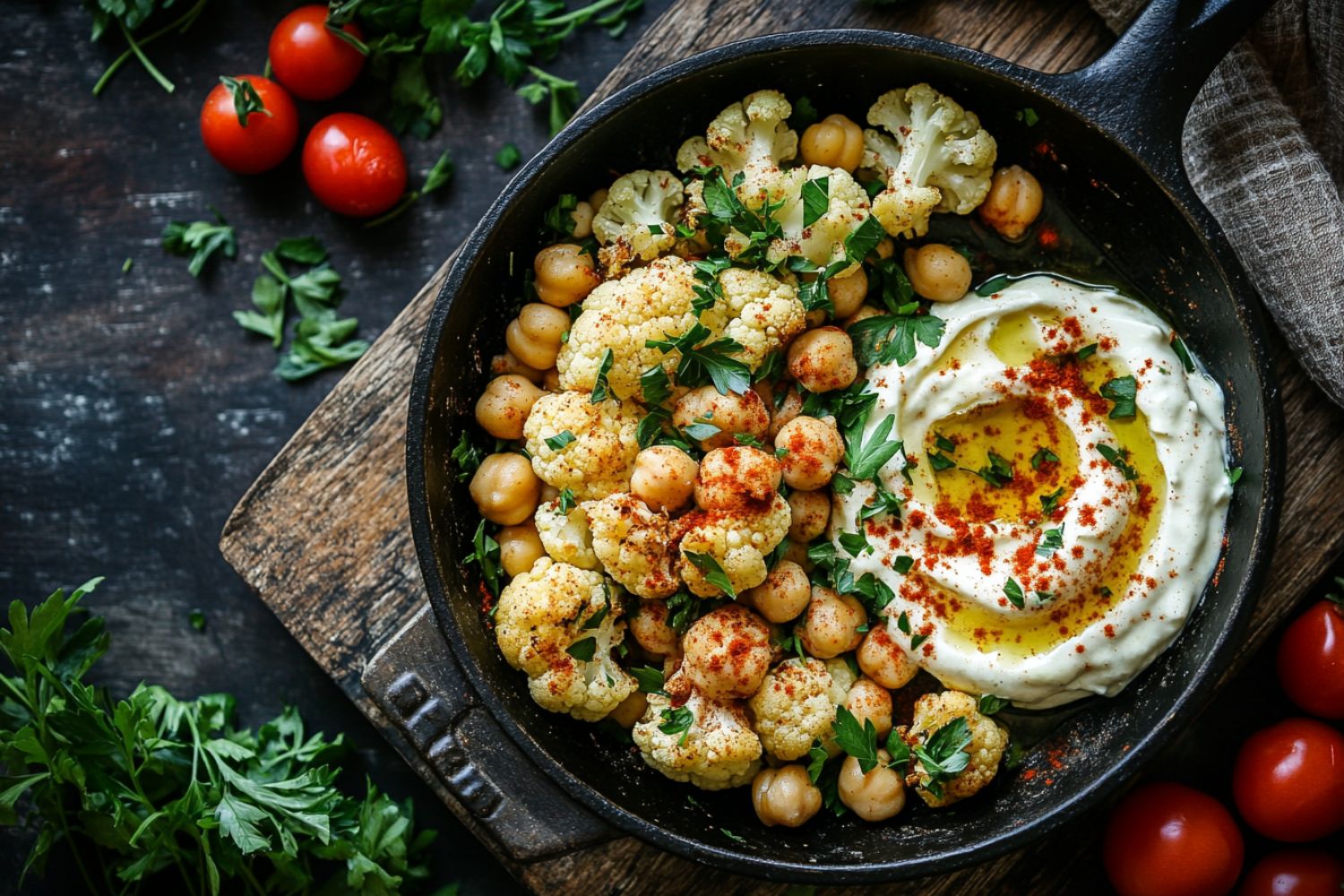 Blumenkohl-Kichererbsen-Pfanne mit Joghurt-Dip | Gesund & Lecker