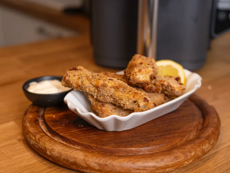 Panierte Fischstäbchen in Schale mit Zitronenscheibe auf Holzbrett, daneben eine Schale mit Dipsauce.