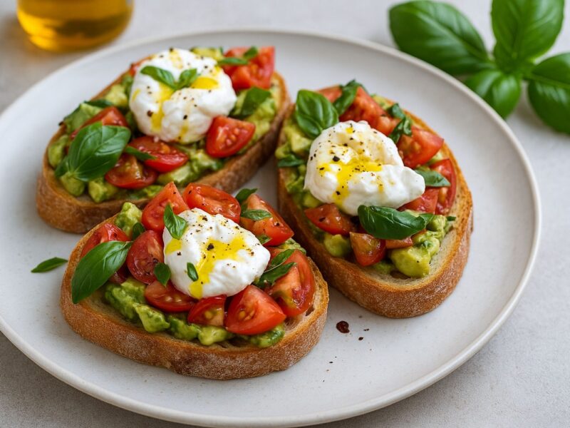 Drei Brotscheiben mit Avocado, Tomaten, Burrata und Basilikum auf einem weißen Teller.
