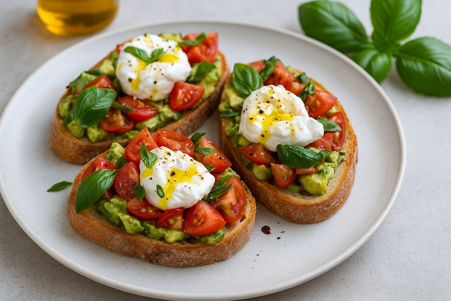 Avocado-Burrata-Bruschetta mit Tomaten & Brot Drei Brotscheiben mit Avocado, Tomaten, Burrata und Basilikum auf einem weißen Teller.