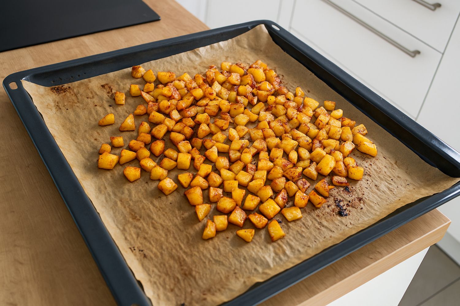 Gebackene Kartoffelwürfel auf Backblech mit Backpapier in moderner Küche.