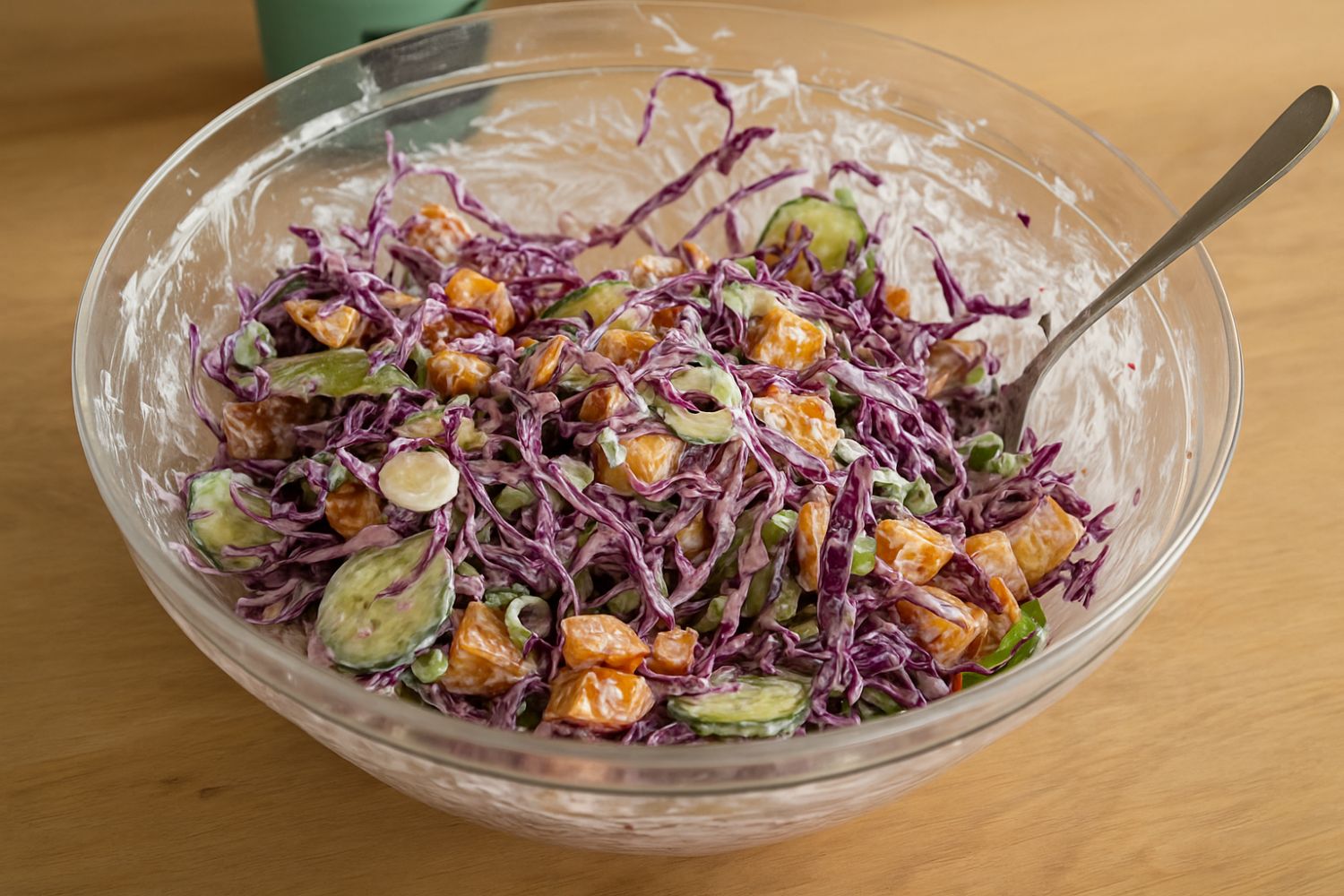 Schüssel mit Salat aus Rotkohl, Gurken und Karottenwürfeln in cremigem Dressing, auf Holztisch.