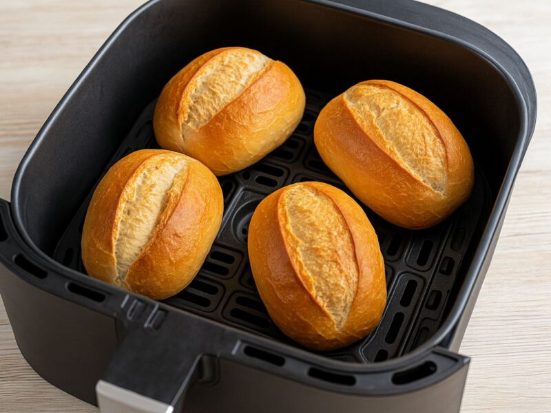 Vier goldbraune Brötchen in einer Heißluftfritteuse auf einem Holztisch.