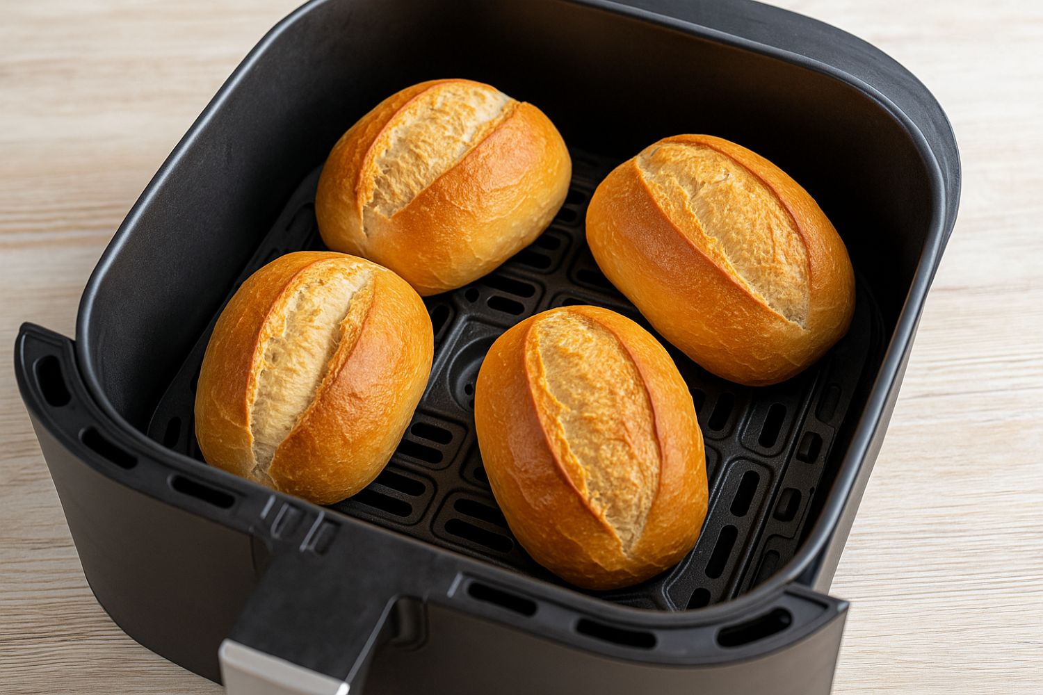 Vier goldbraune Brötchen in einer Heißluftfritteuse auf einem Holztisch.