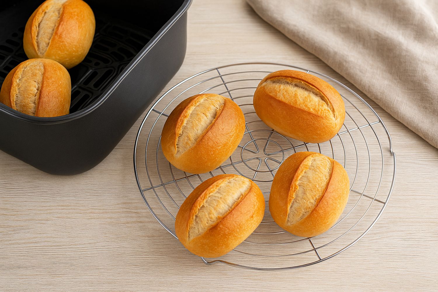 aufbackbroetchen-aus-der-heißluftfritteuse-02 Vier Brötchen auf einem Kuchengitter, daneben zwei weitere in einer schwarzen Heißluftfritteuse auf hellen Holzuntergrund.