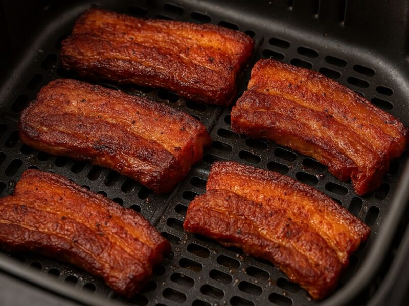 Fünf gebratene Schweinebauchstücke in einem Airfryer-Korb, knusprig und goldbraun gebacken.