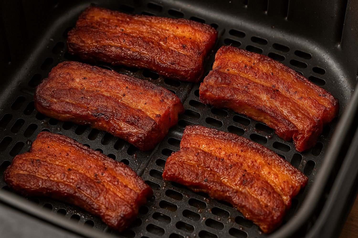 Fünf gebratene Schweinebauchstücke in einem Airfryer-Korb, knusprig und goldbraun gebacken.