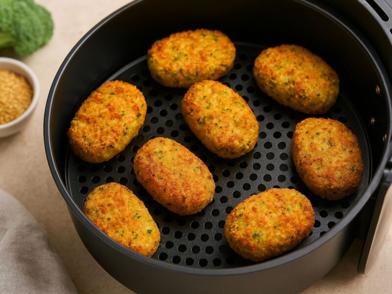Goldbraune Kroketten in einer Heißluftfritteuse. Links sind trockene Zutaten und Brokkoli zu sehen.