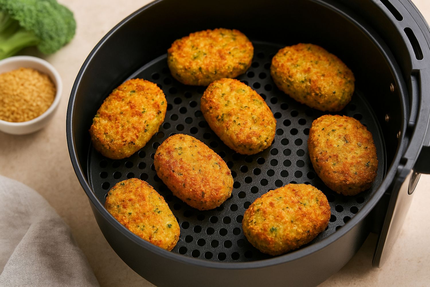 Goldbraune Kroketten in einer Heißluftfritteuse. Links sind trockene Zutaten und Brokkoli zu sehen.