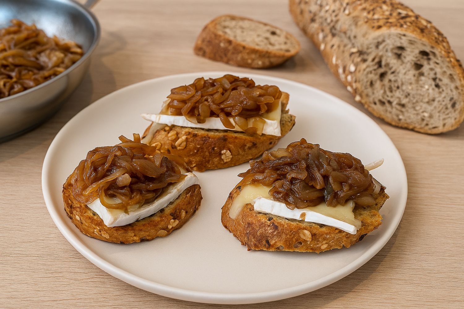 Bruschetta mit Brie & Zwiebeln aus der Heißluftfritteuse Drei Brotscheiben mit Brie und karamellisierten Zwiebeln auf einem Teller, daneben eine Brotstange und eine Pfanne.