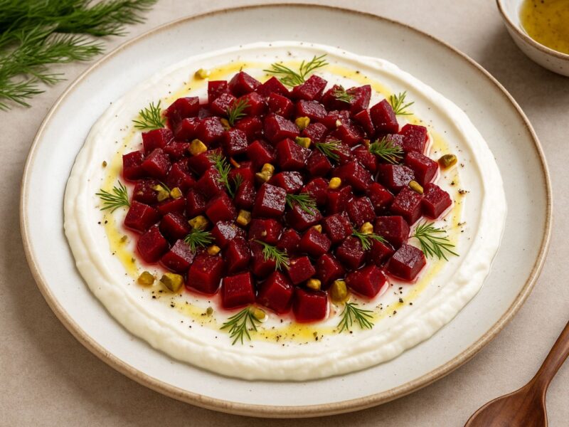 Rote-Bete-Würfel auf Joghurtcreme, garniert mit Dill und Pistazien auf einem Teller, daneben ein Holzlöffel.