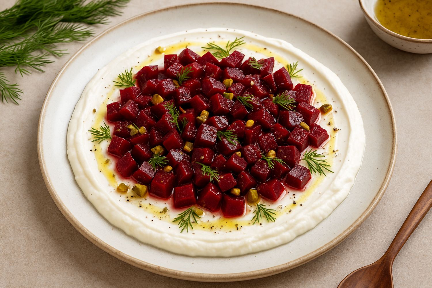 Mediterraner Feta-Dip mit marinierten Rote-Bete-Würfeln & Pistazien Rote-Bete-Würfel auf Joghurtcreme, garniert mit Dill und Pistazien auf einem Teller, daneben ein Holzlöffel.