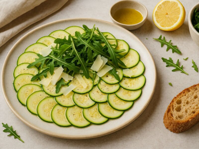 Zucchinisalat mit Rucola und Parmesan auf Teller, daneben Zitronenhälfte, Brot und Schälchen mit Dressing.