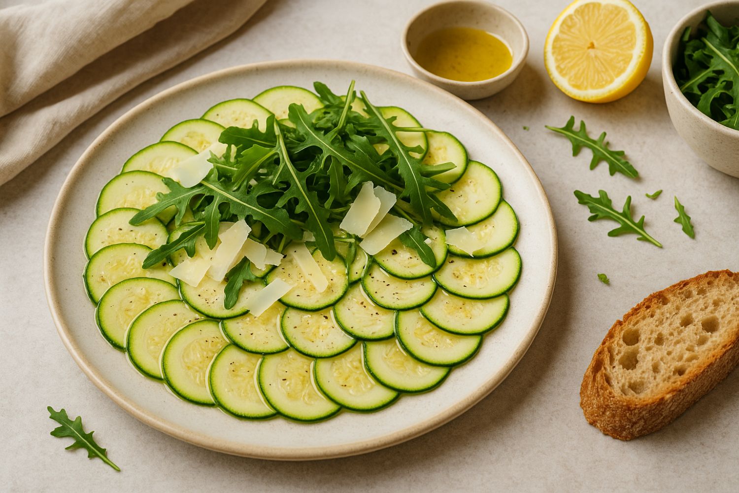 Zucchinisalat mit Rucola und Parmesan auf Teller, daneben Zitronenhälfte, Brot und Schälchen mit Dressing.