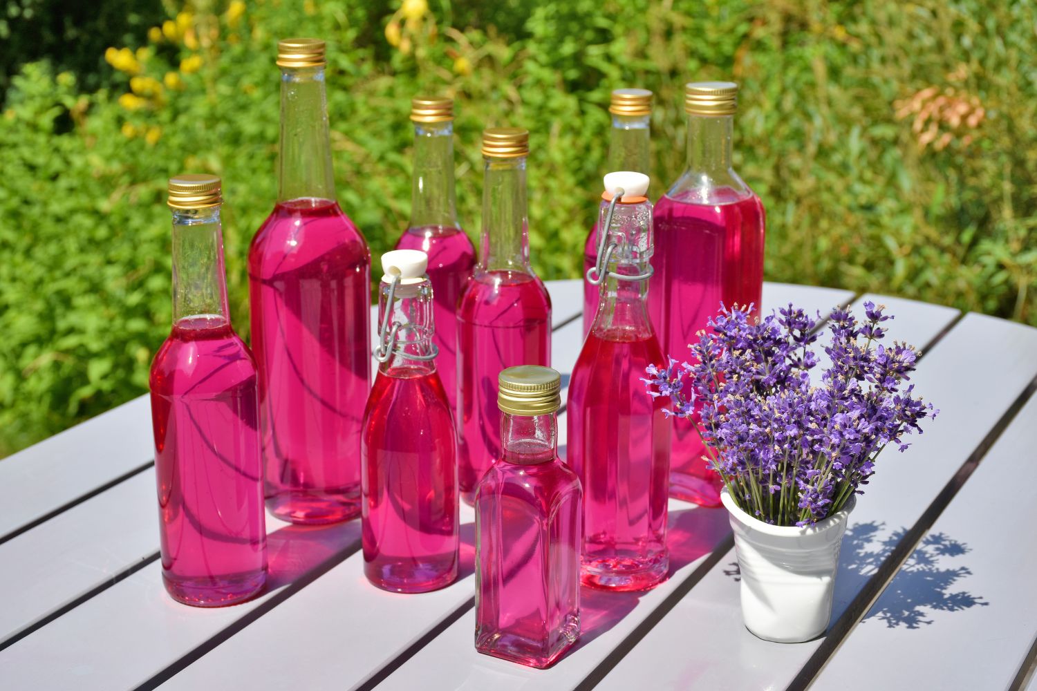 Mehrere Flaschen mit pinker Flüssigkeit und ein weißer Topf mit Lavendel auf einem Tisch im grünen Garten.
