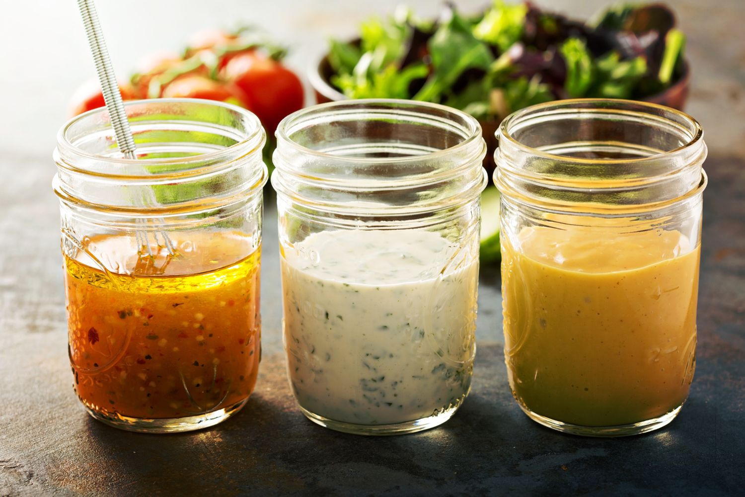 Drei Einmachgläser mit unterschiedlichen Salatdressings vor einem Hintergrund mit Tomaten und grünem Salat.