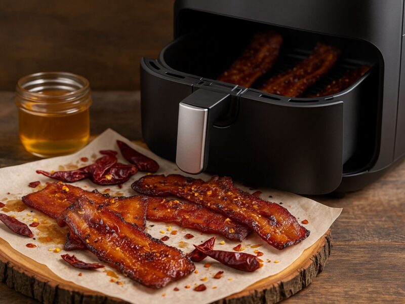 Gebackener Speck mit Chiliflocken und getrockneten Chilis auf Papier neben einer Heißluftfritteuse.