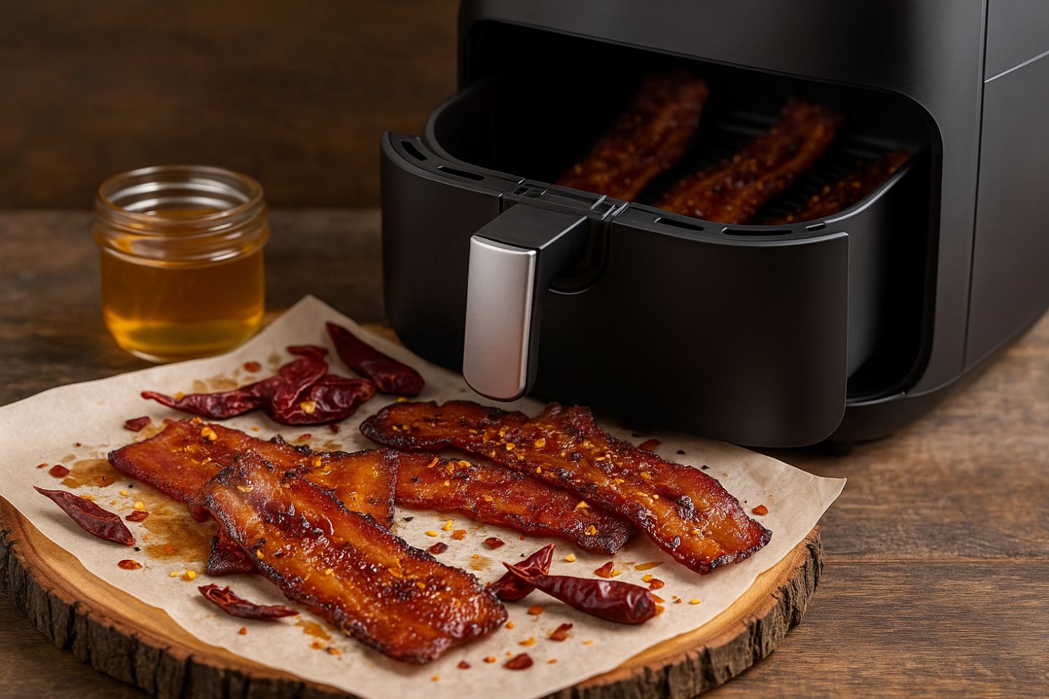 Gebackener Speck mit Chiliflocken und getrockneten Chilis auf Papier neben einer Heißluftfritteuse.