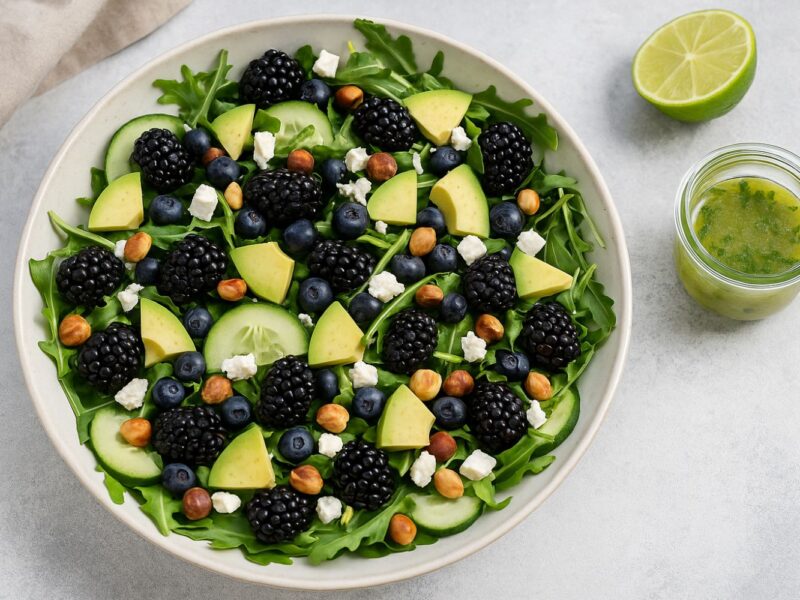 Schale mit Rucolasalat, Brombeeren, Avocado, Gurken, Blaubeeren, Nüssen und Feta. Limettendressing daneben.