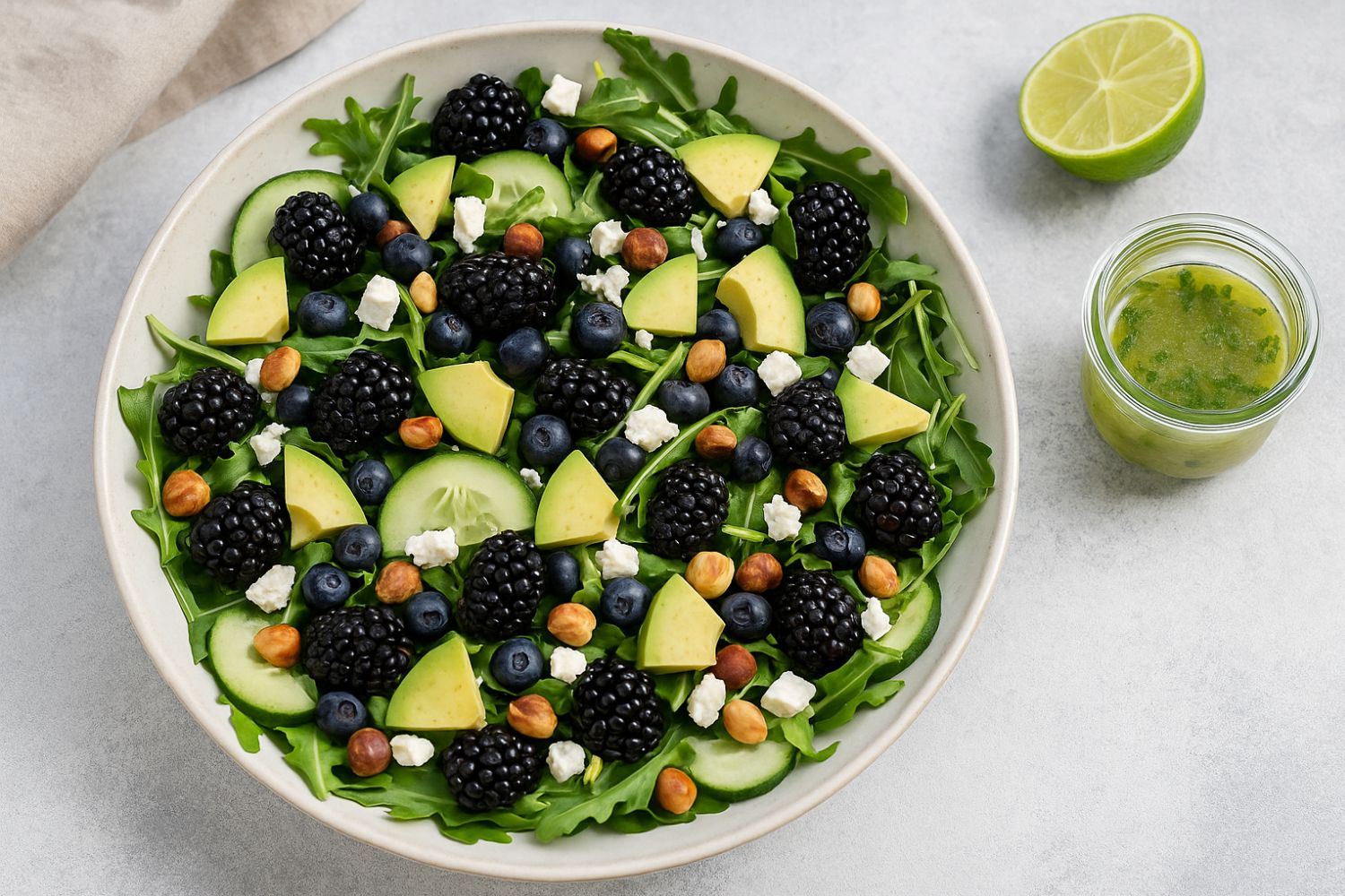 Brombeer-Avocado-Rucola-Salat mit Limetten-Minz-Vinaigrette Schale mit Rucolasalat, Brombeeren, Avocado, Gurken, Blaubeeren, Nüssen und Feta. Limettendressing daneben.