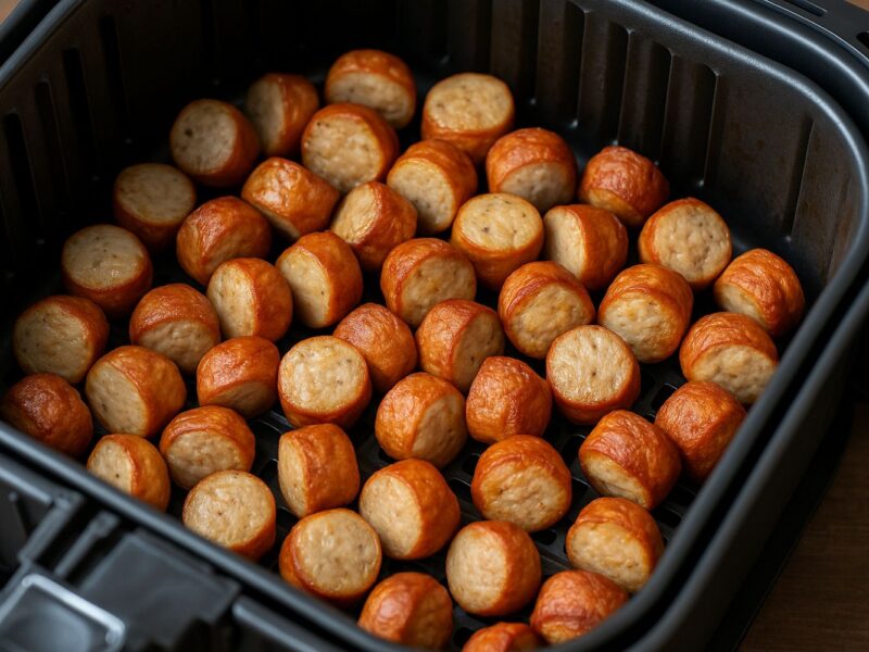 Gebackene Wurstscheiben gleichmäßig im Garkorb einer Heißluftfritteuse verteilt, goldbraun und knusprig.