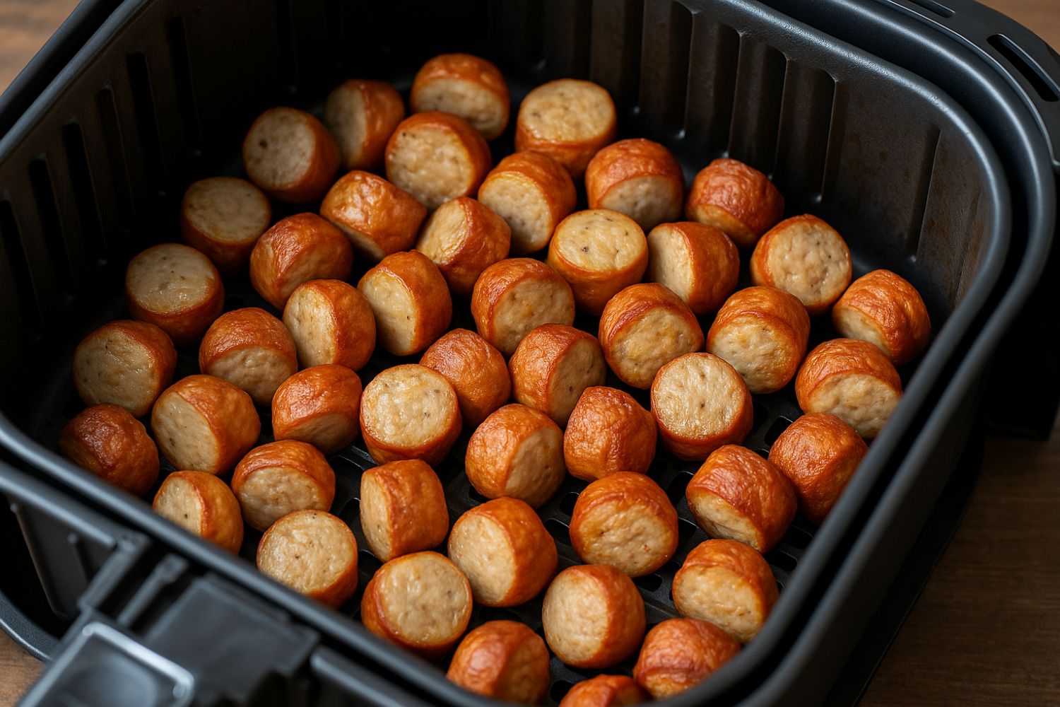 Gebackene Wurstscheiben gleichmäßig im Garkorb einer Heißluftfritteuse verteilt, goldbraun und knusprig.